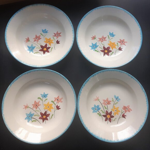 4 Bowls Made in France Salins Avril Hand Painted Folk Art Farmhouse Cottage Blue - Picture 6 of 7